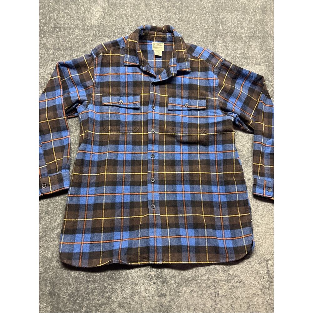 Men’s LL Bean Flannel Button Shirt Size Large Blue Traditional Fit Brown Blue